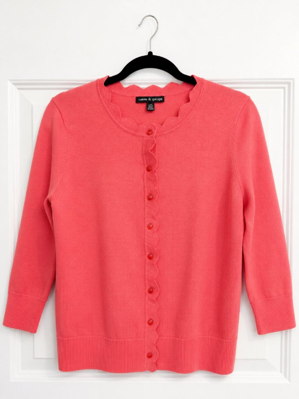 Cable & Gauge Coral Pink Scallop Trim Cardigan Size Large